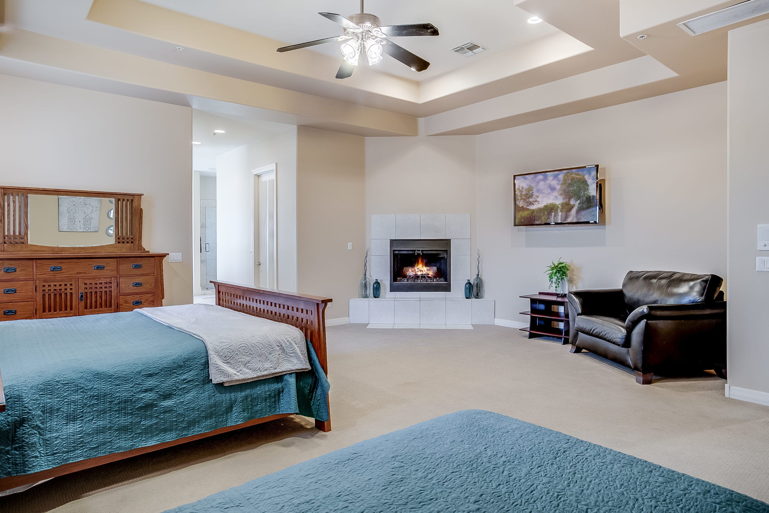 Master Suite with Bed Dresser Fireplace TV Chair Vaulted Ceiling